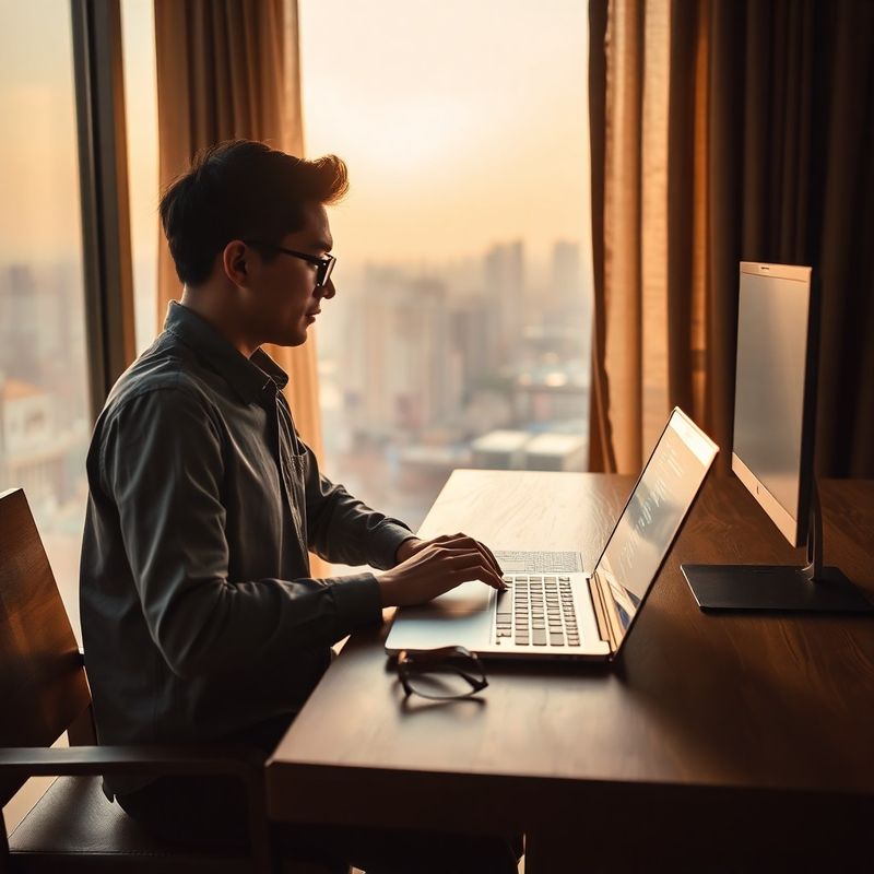 Developer writing an email at a teak desk in Nakhon Ratchasima