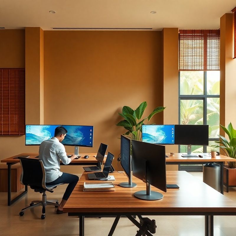 Vaughn & Mercer engineers at standing desks inside a warm-lit Nakhon Ratchasima office